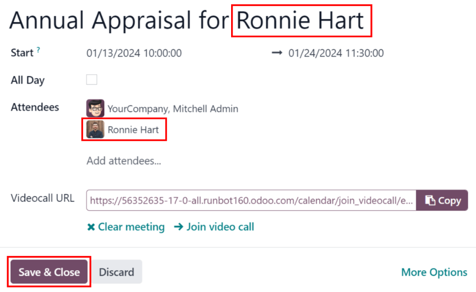 Formularul de întâlnire cu toate informațiile introduse pentru evaluarea anuală a lui Ronnie Hart.